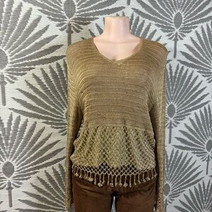 Boho Crochet Fringe Sweater Top Sheer Knit Tan Size 2 Festival Coastal